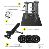 Combo Deal | DHZ Fitness Functional Trainer with Smith Machine-E6247 + 7ft Bar with Bumper Plate 80 KG Set + Adjustable Bench A8007 + 4 Gym Tile