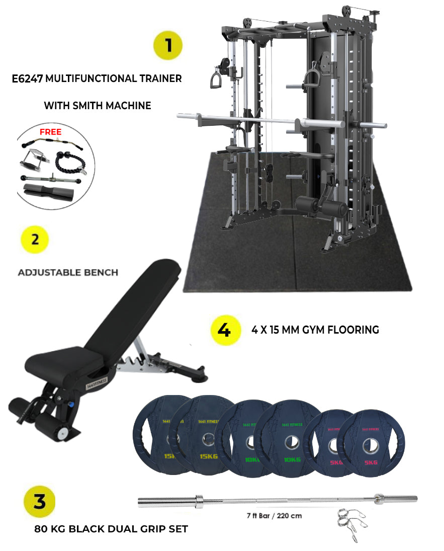 Combo Deal | DHZ Fitness Functional Trainer with Smith Machine-E6247 + 7ft Bar with Weight Plate 80 KG Set + Adjustable Bench A8007 + 4 Gym Tile