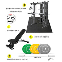 Combo Deal | DHZ Fitness Functional Trainer with Smith Machine-E6247 + 7ft Bar with Bumper Plate 80 KG Set + Adjustable Bench A8007 + 4 Gym Tile