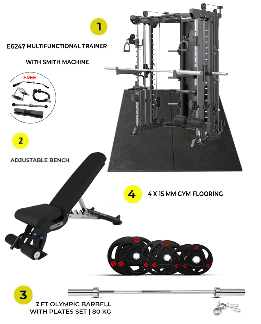 Combo Deal | DHZ Fitness Functional Trainer with Smith Machine-E6247 + 7ft Bar with Weight Plate 80 KG Set + Adjustable Bench A8007 + 4 Gym Tile