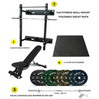 Combo Deal | Wall Mount Foldable Squat Rack - WMSR + 120 kg Bumper Plates Set + Adjustable Bench A8007 + 15 MM Flooring