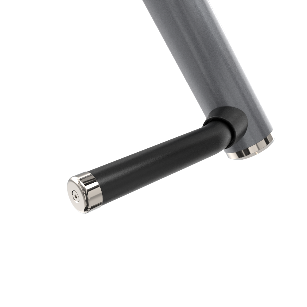Close-up of a black and silver door handle on a white background