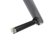 Close-up of a black and silver door handle on a white background