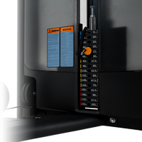 Insight Fitness Dual Pulley Lat Pulldown - BE8011 Control panel with warning labels and measurement scale on a machine.