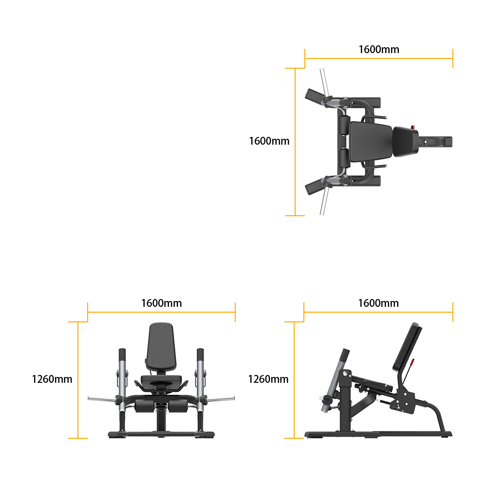 Measurement chart of a Insight Fitness Leg Extension - SH017  with various components and dimensions on a white background.