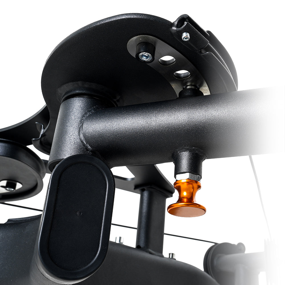 Close-up of a Insight Fitness Pectoral Fly & Rear Deltoid - BE8003 structure with an orange component on a white background