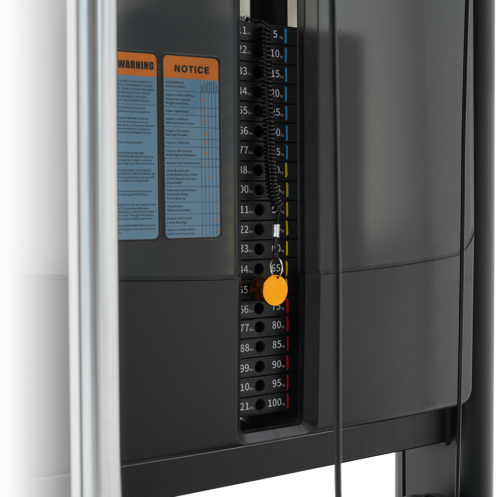 Insight Fitness Standing Multi Flight - BE8034 Electrical panel with numbered sockets and warning labels on a metallic surface.