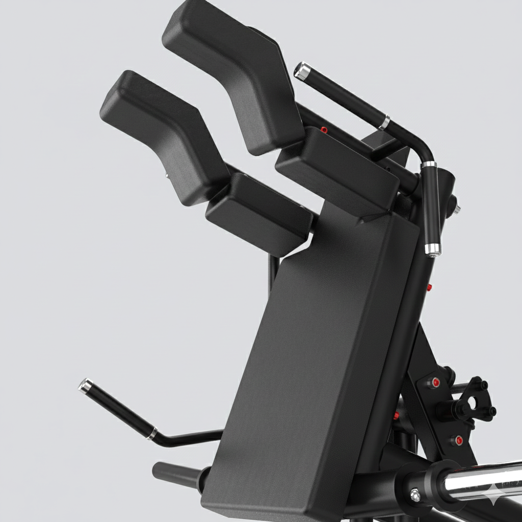 Close-up of a Insight Fitness V Squat - SH038 with metallic components on a white background