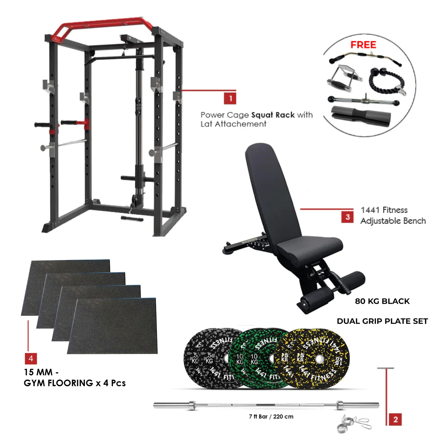 Combo Offer | Power Cage Squat Rack J008 + 80 KG Bumper Plate Set + Adjustable Bench A8007 + 4 X 15 mm Flooring
