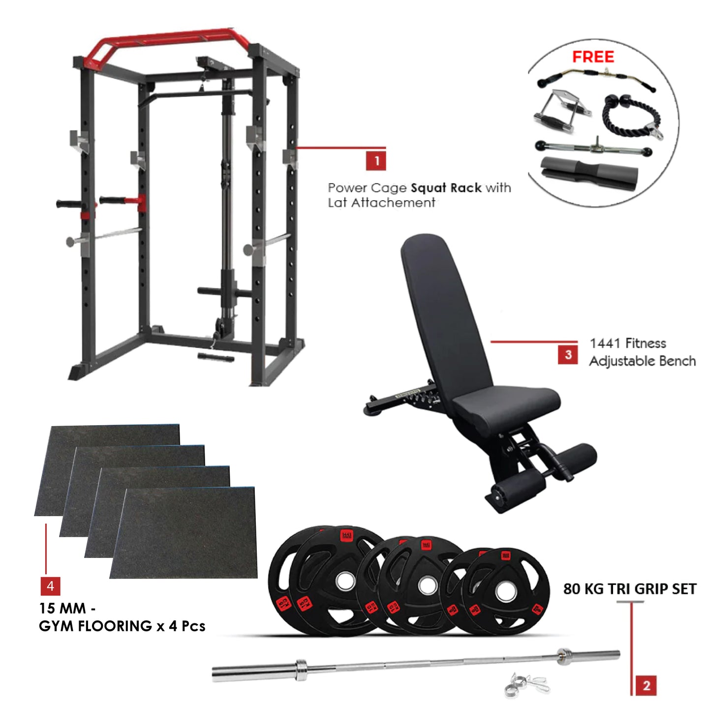 Combo Offer | Power Cage Squat Rack J008 +7 Ft Bar with Weight Plate 80 KG Set + Adjustable Bench A8007 + 4 X 15 mm Flooring