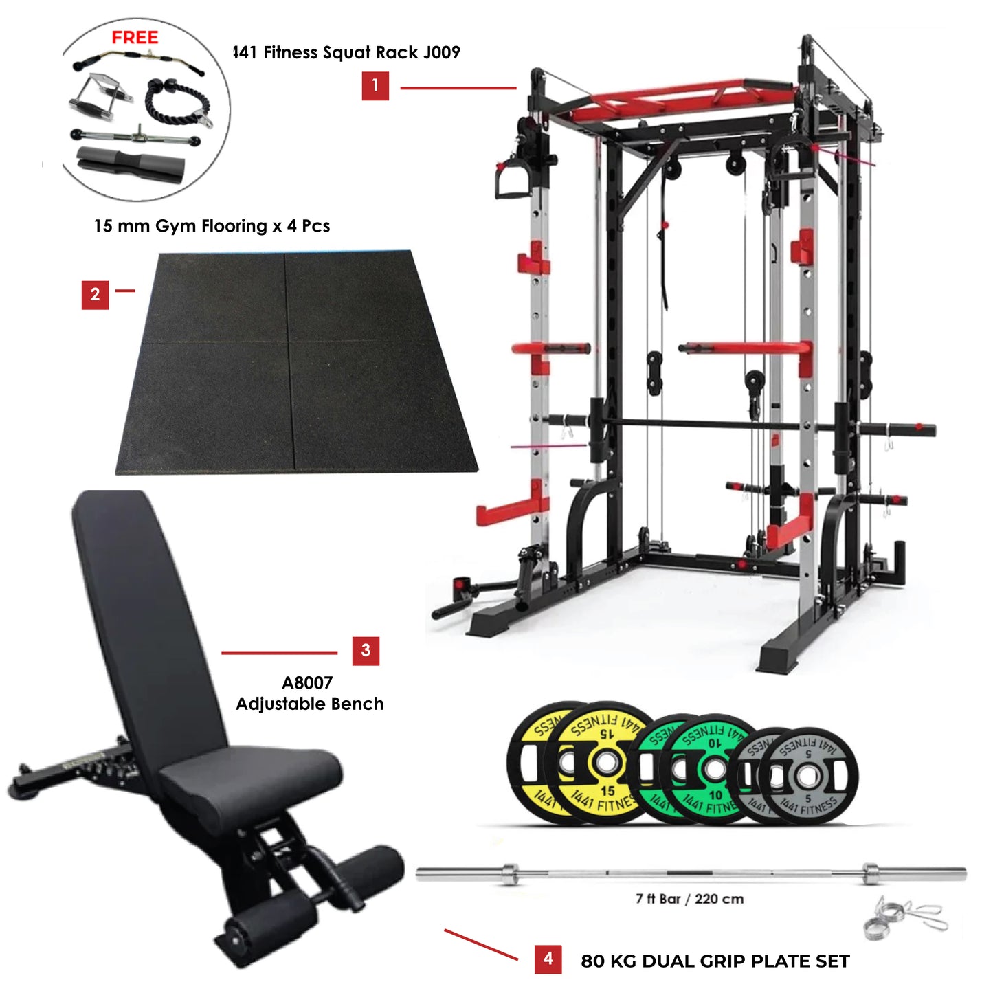 Combo Deal | 1441 Fitness Smith Machine with Functional Trainer J009 + 7 Ft Bar with 80 Kg Set Weight Plate Set + Adjustable Bench A8007 + 15 MM Flooring