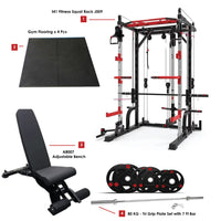 Combo Deal | 1441 Fitness Smith Machine with Functional Trainer J009 + 7 Ft Bar with 80 Kg Set Weight Plate Set + Adjustable Bench A8007 + 20 MM Flooring