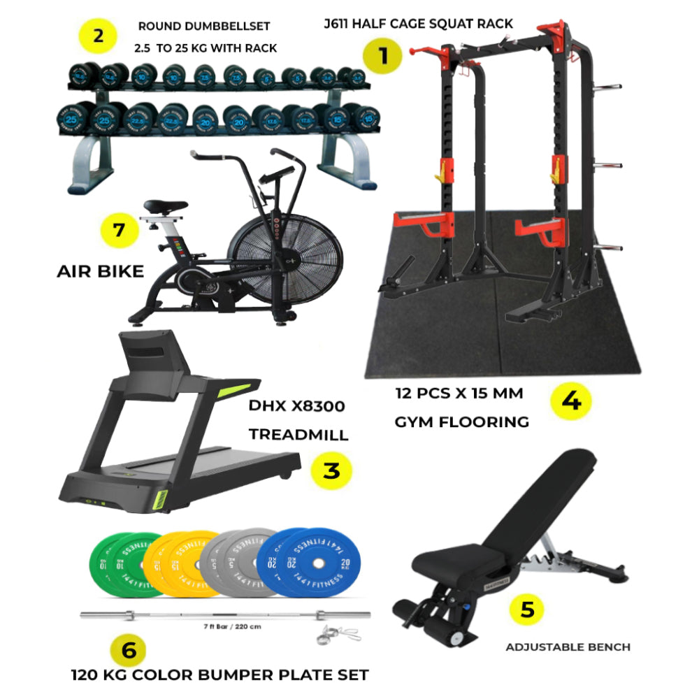 Combo Offer | Half Cage Squat Rack J611 with DHZ X8300 Treadmill + Air Bike + Round Dumbbell Set 2.5 Kg to 25 KG with 2 Tier Rack + 120kg Color Bumper Plate Set with Adjustable Bench A8007 +  12 PC Gym Tile 15 MM