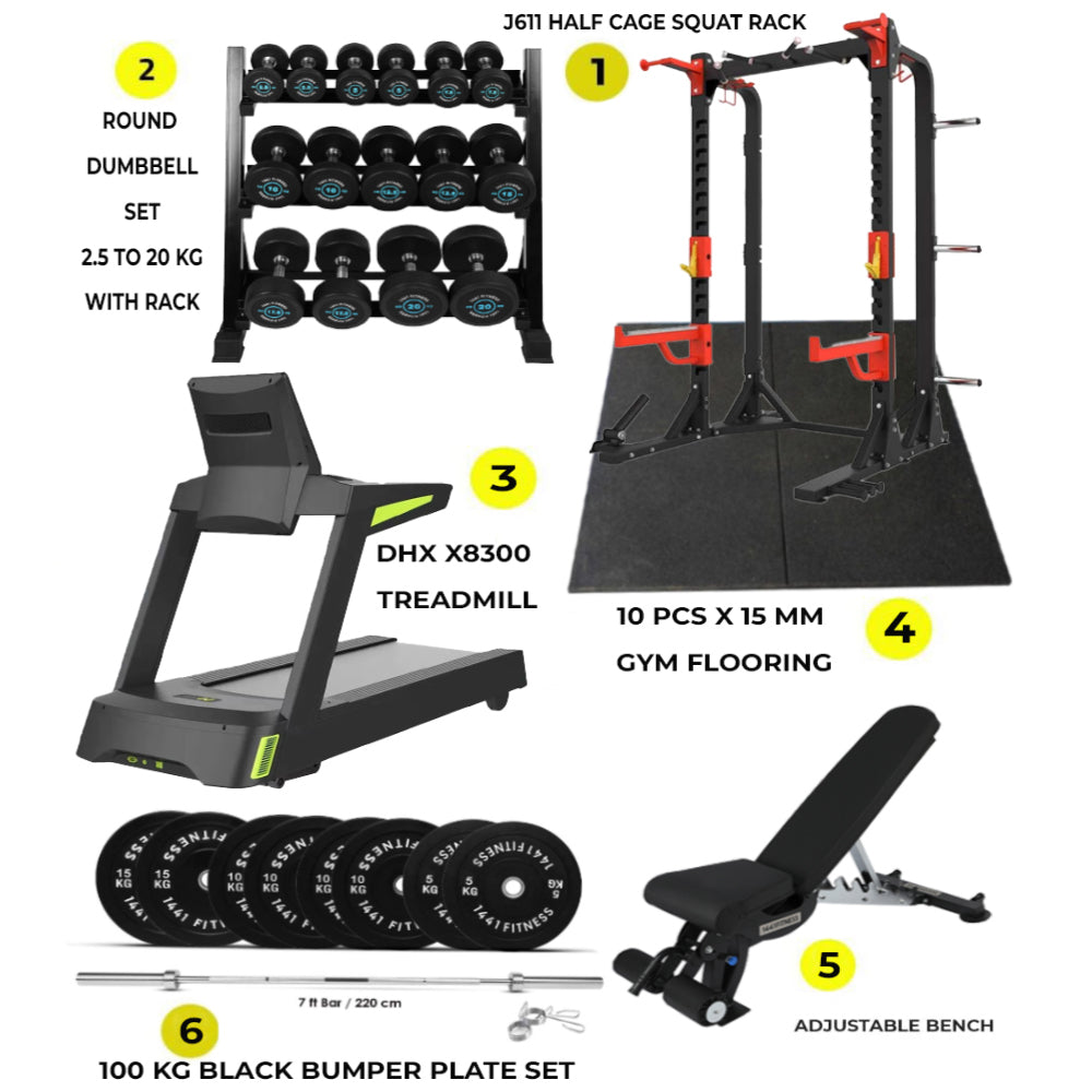 Combo Offer | Half Cage Squat Rack J611 with DHZ X8300 Treadmill + Round Dumbbell Set 2.5 Kg to 20 KG with 3 Tier Rack + 100kg Black Bumper Plate Set with Adjustable Bench A8007 +  10 PC Gym Tile 15 MM