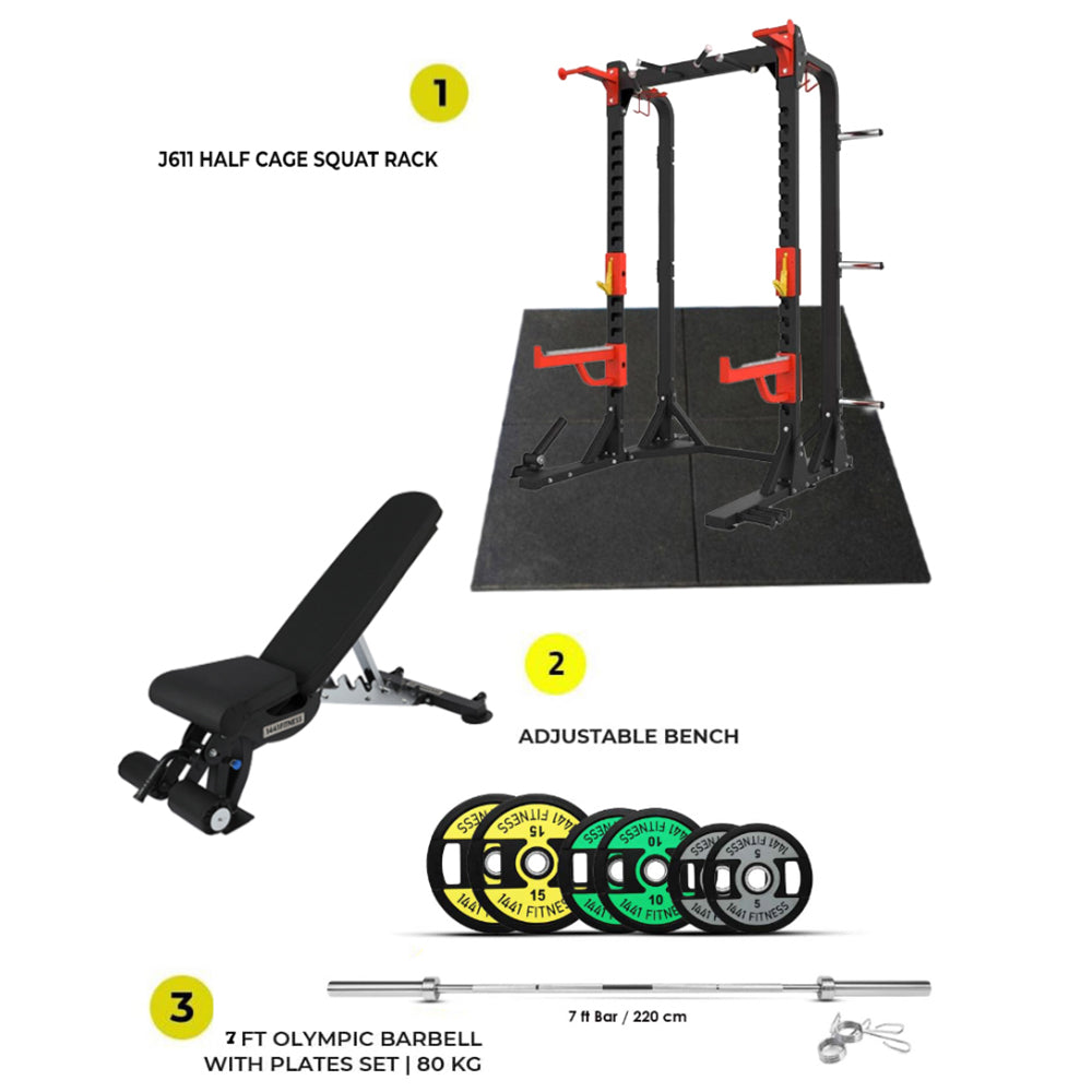 Combo Offer Semi Commercial Half Cage Squat Rack J611 80kg Tri Grip