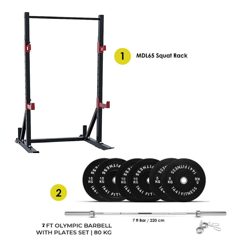 Combo Offer 1441 Fitness Squat Rack MDL65 with 7 Ft Bar with 80 Kg Plates Set