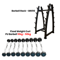 Fixed Weight Curl PU Barbell Set with Rack - 10 Kg to 50 Kg - Bundle Offer