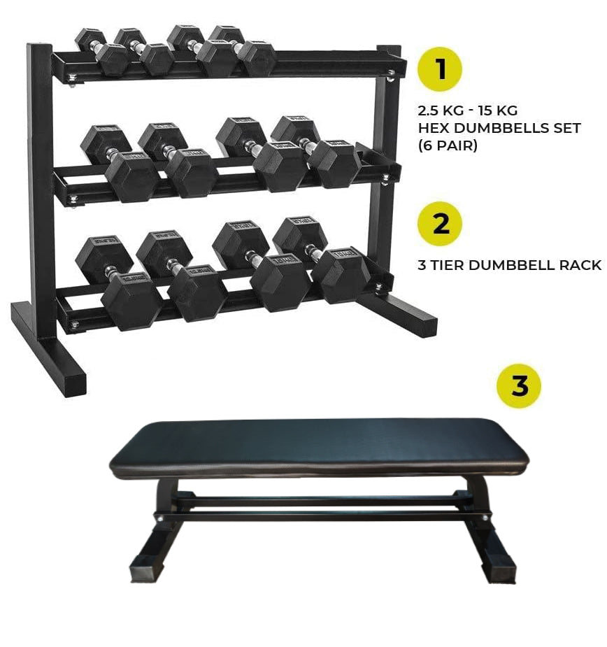 Combo Offer - Hex Dumbbell Set 2.5 Kg to 15 Kg with 3 Tier Rack + Flat Bench A0011
