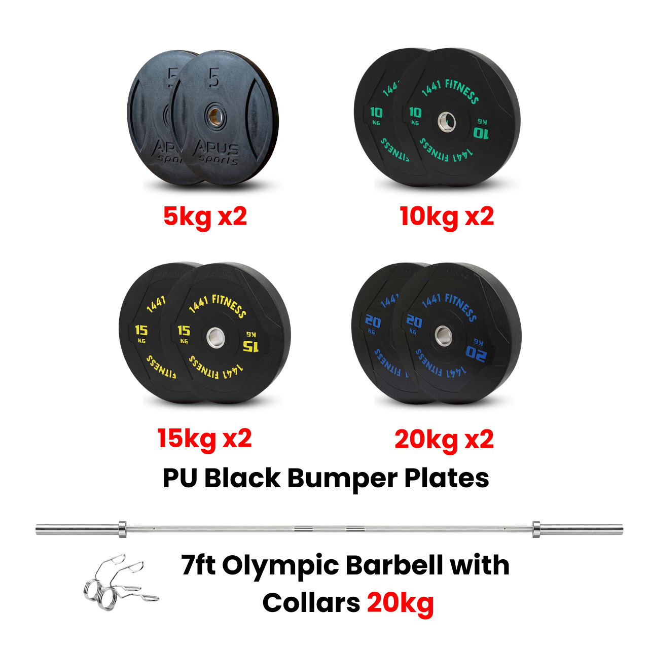 PU Black Bumper Plates with 7 Ft Bar - 120 Kg Set - Bundle Offer