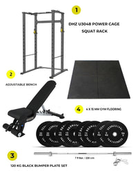 Combo Deal | DHZ Fitness Power Cage U3048 + 120 kg Bumper Plates Set + Adjustable Bench A8007 + 15 MM Flooring