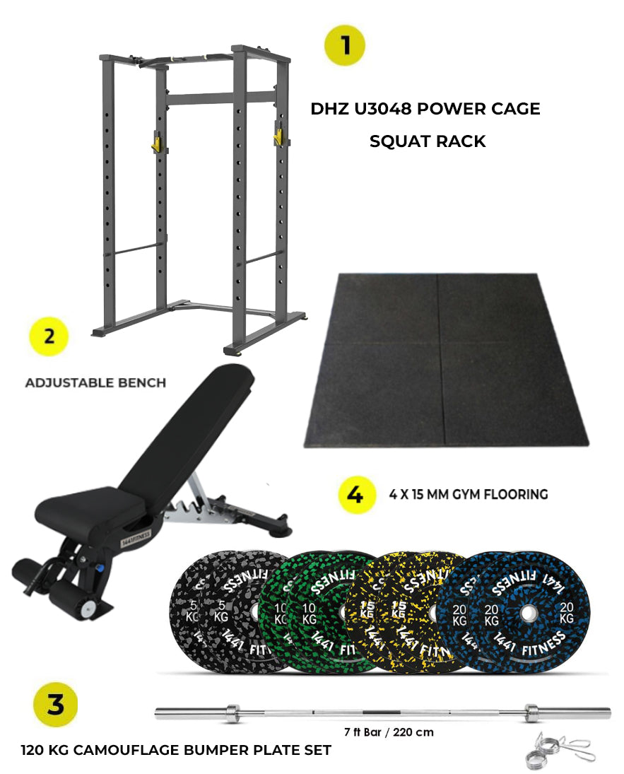Combo Deal | DHZ Fitness Power Cage U3048 + 120 kg Bumper Plates Set + Adjustable Bench A8007 + 15 MM Flooring