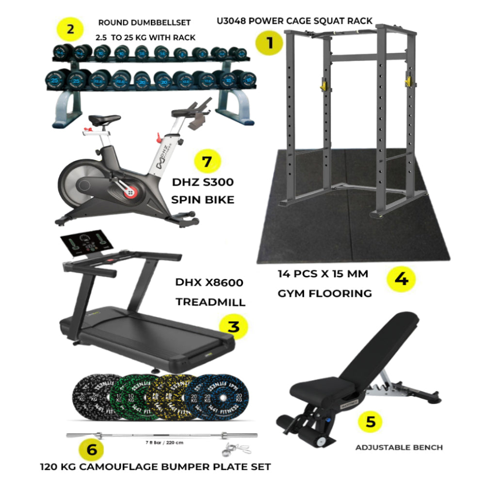 Combo Offer | Power Cage Squat Rack U3048 with DHZ X8600 Treadmill + DHZ S300 Spin Bike + Round Dumbbell Set 2.5 Kg to 25 KG with 2 Tier Rack + 120kg Camouflage Bumper Plate Set with Adjustable Bench A8007 +  14 PC Gym Tile 15 MM