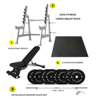 Combo Deal | DHZ Fitness Squat Rack U3050 + 120 kg Bumper Plates Set + Adjustable Bench A8007 + 15 MM Flooring