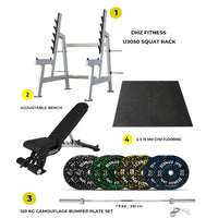 Combo Deal | DHZ Fitness Squat Rack U3050 + 120 kg Bumper Plates Set + Adjustable Bench A8007 + 15 MM Flooring