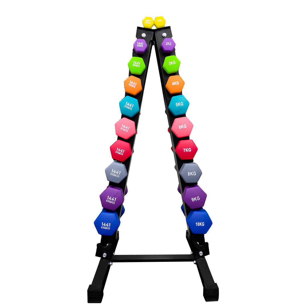 1441 Fitness Neoprene Dumbbells Set 1 Kg to 10 Kg with Vertical Rack - Bundle Offer